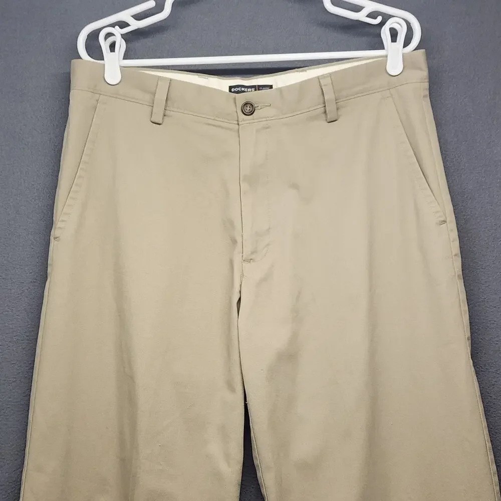 Dockers Classic Fit Khaki Pants Mens 34x32 Beige Flat Front Casual Chinos